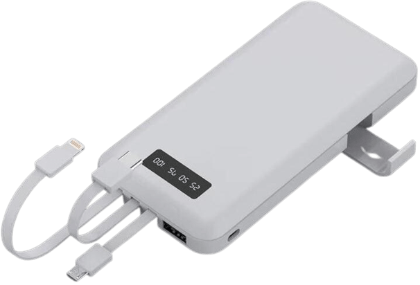 מטען נייד קיבולת 10,000mAh דגם P4 עם מעמד מובנה לסמארטפון + 3 כבלים מובנים (Micro, Type-C, iPhone)