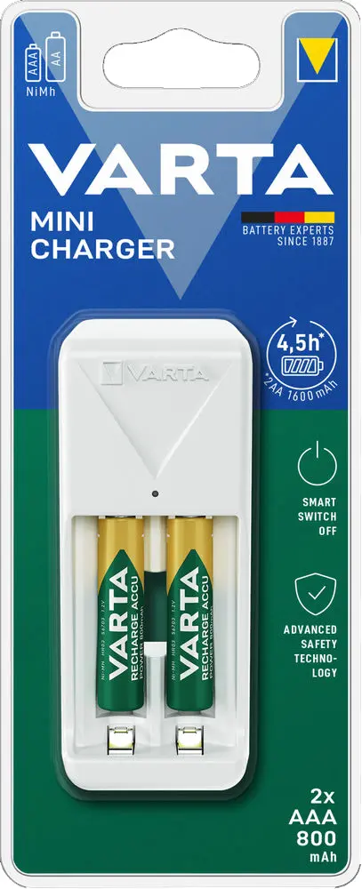 מטען סוללות נטענות דגם Varta Mini Charger עם זוג סוללות נטענות AAA